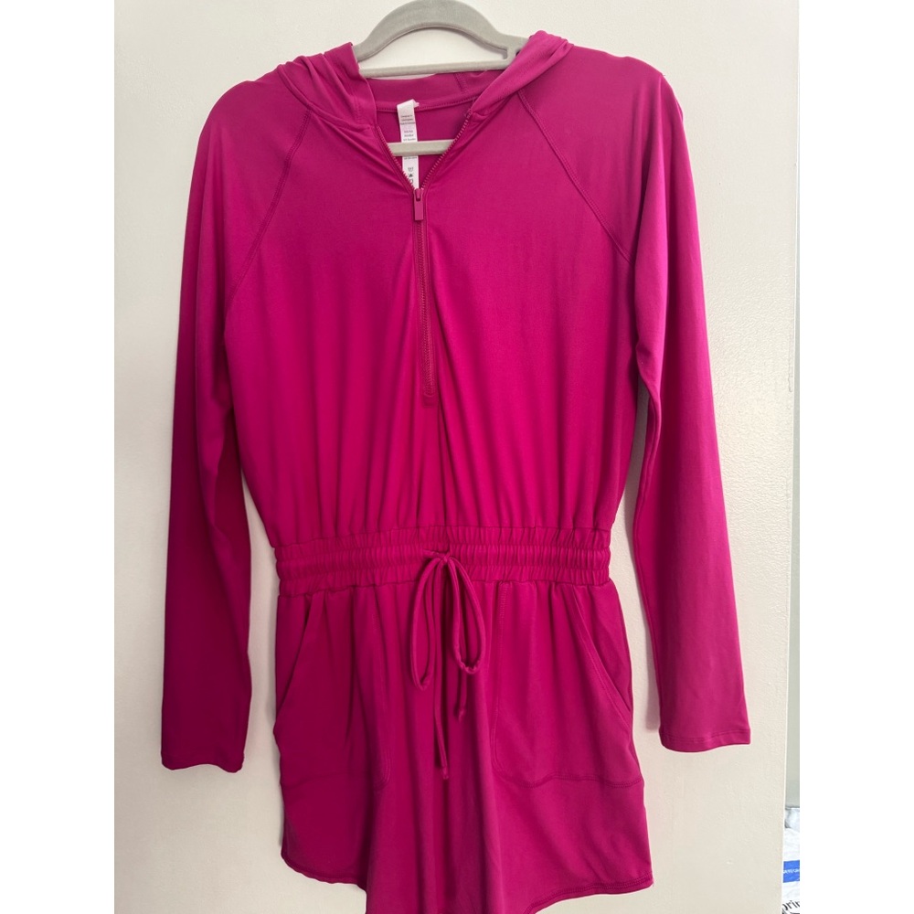 Vibrant Pink Hooded Romper Rae Mode Butter  Athlesuire Shorts built in
